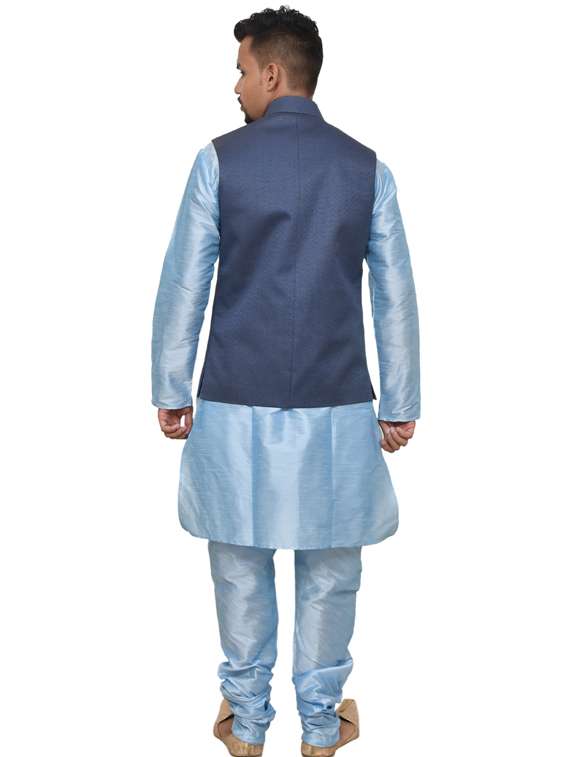blue silk blend kurta pyjama with jacket ethnic wear set - 19187860 -  Standard Image - 2