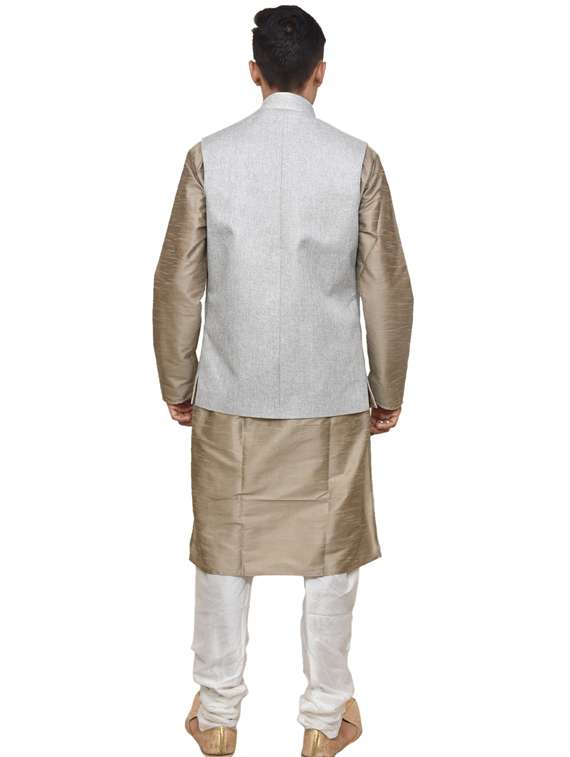 gold silk blend kurta pyjama with jacket ethnic wear set - 19187863 - Standard Image - 2