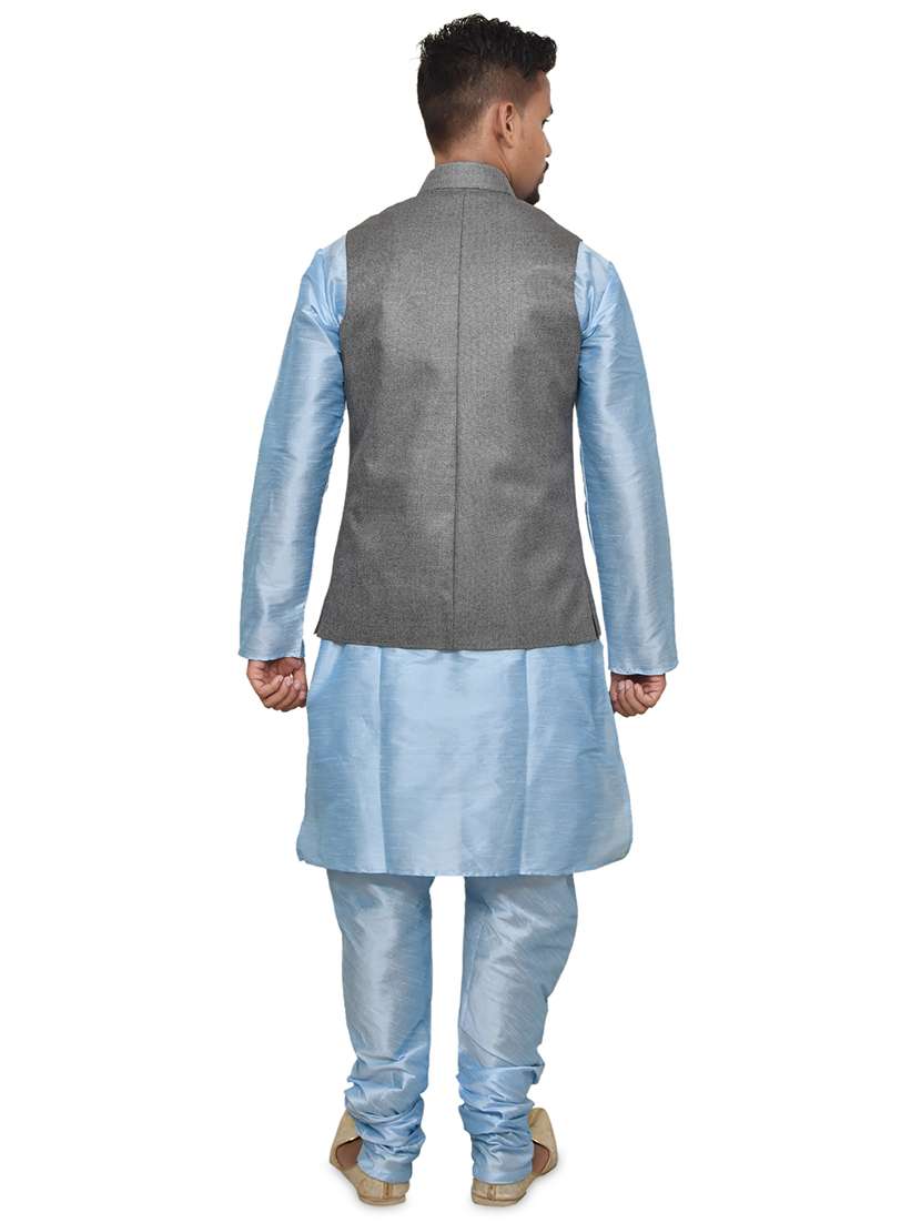 blue silk blend kurta pyjama with jacket ethnic wear set - 19187864 - Standard Image - 2