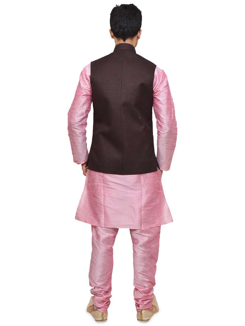 pink silk blend kurta pyjama with jacket ethnic wear set - 19187866 -  Standard Image - 2