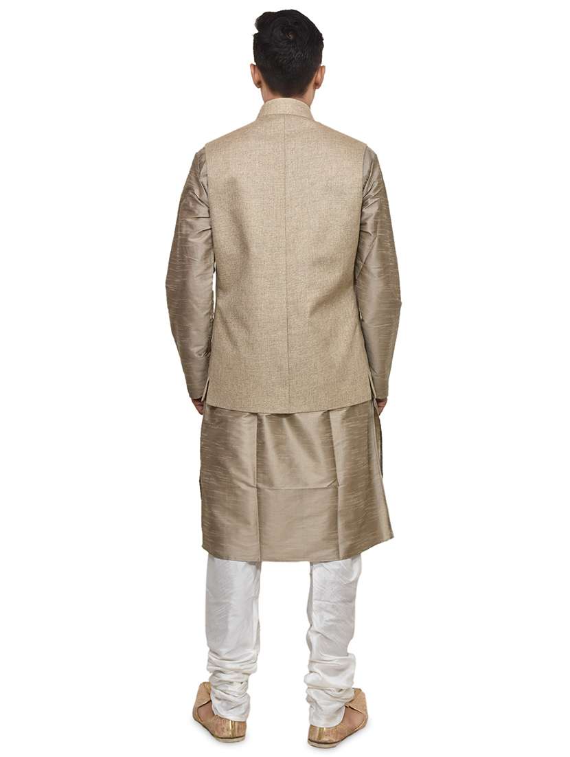 gold silk blend kurta pyjama with jacket ethnic wear set - 19187867 - Standard Image - 2