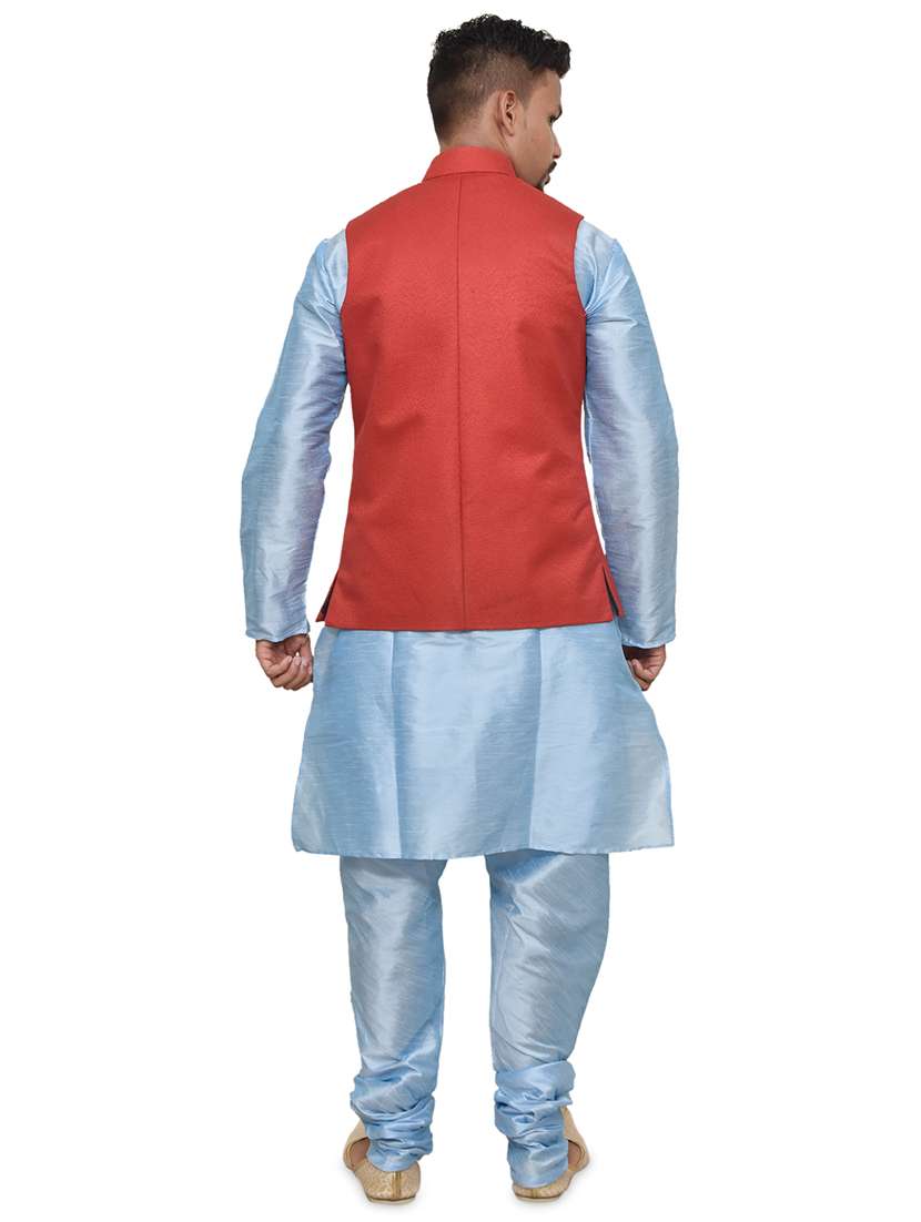 blue silk blend kurta pyjama with jacket ethnic wear set - 19187868 -  Standard Image - 2