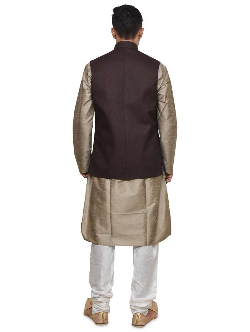 gold silk blend kurta pyjama with jacket ethnic wear set - 19187869 - Standard Image - 2