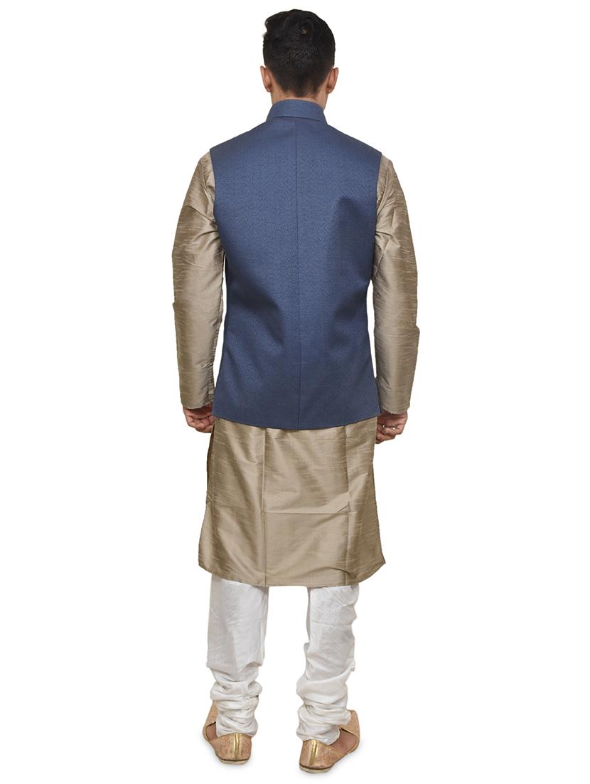 gold silk blend kurta pyjama with jacket ethnic wear set - 19187871 - Standard Image - 2