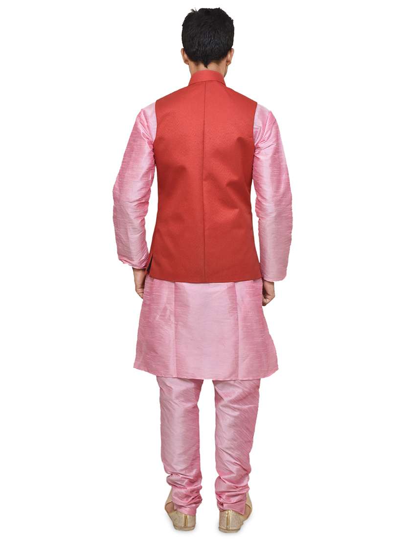 pink silk blend kurta pyjama with jacket ethnic wear set - 19187872 - Standard Image - 2