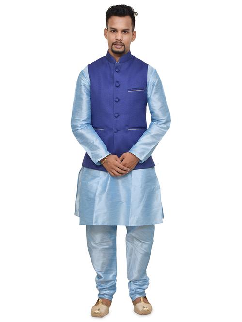 blue silk blend kurta pyjama with jacket ethnic wear set - 19187873 - Standard Image - 0