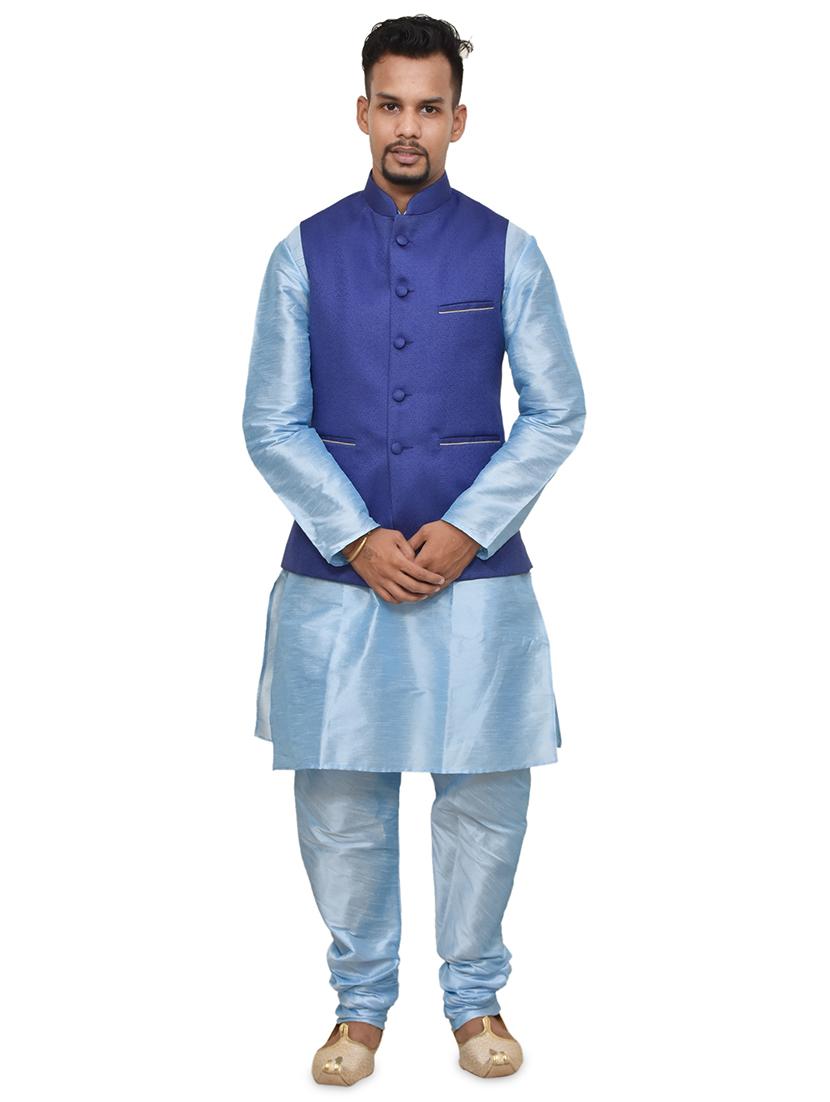 blue silk blend kurta pyjama with jacket ethnic wear set - 19187873 - Zoom Image - 0