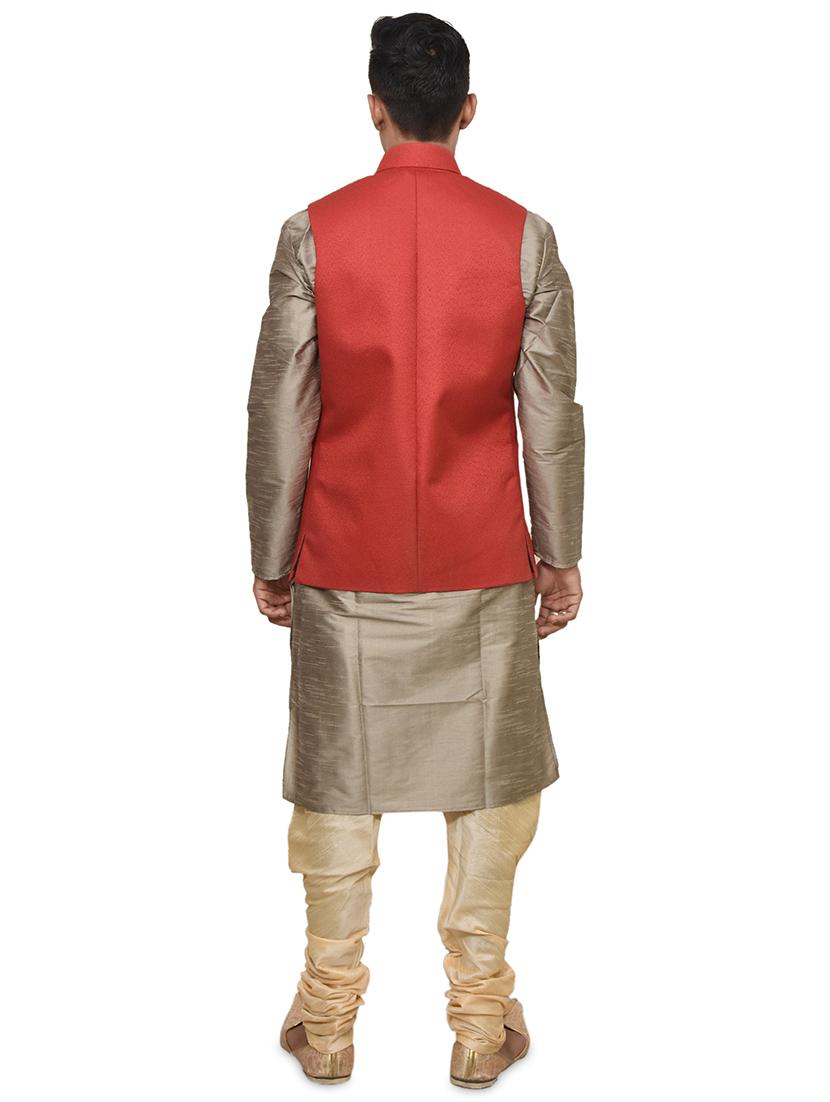 gold silk blend kurta pyjama with jacket ethnic wear set - 19187875 - Standard Image - 2