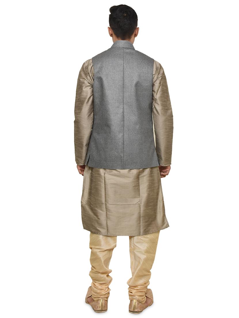 gold silk blend kurta pyjama with jacket ethnic wear set - 19187877 - Standard Image - 2