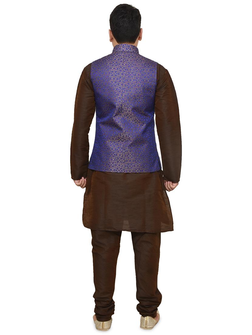 brown silk blend kurta pyjama with jacket ethnic wear set - 19187881 - Standard Image - 2