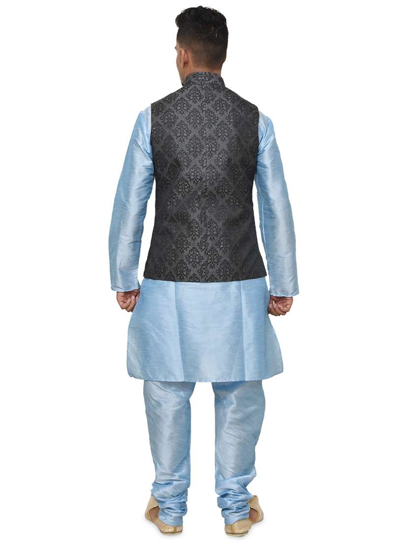 blue silk blend kurta pyjama with jacket ethnic wear set - 19187882 -  Standard Image - 2