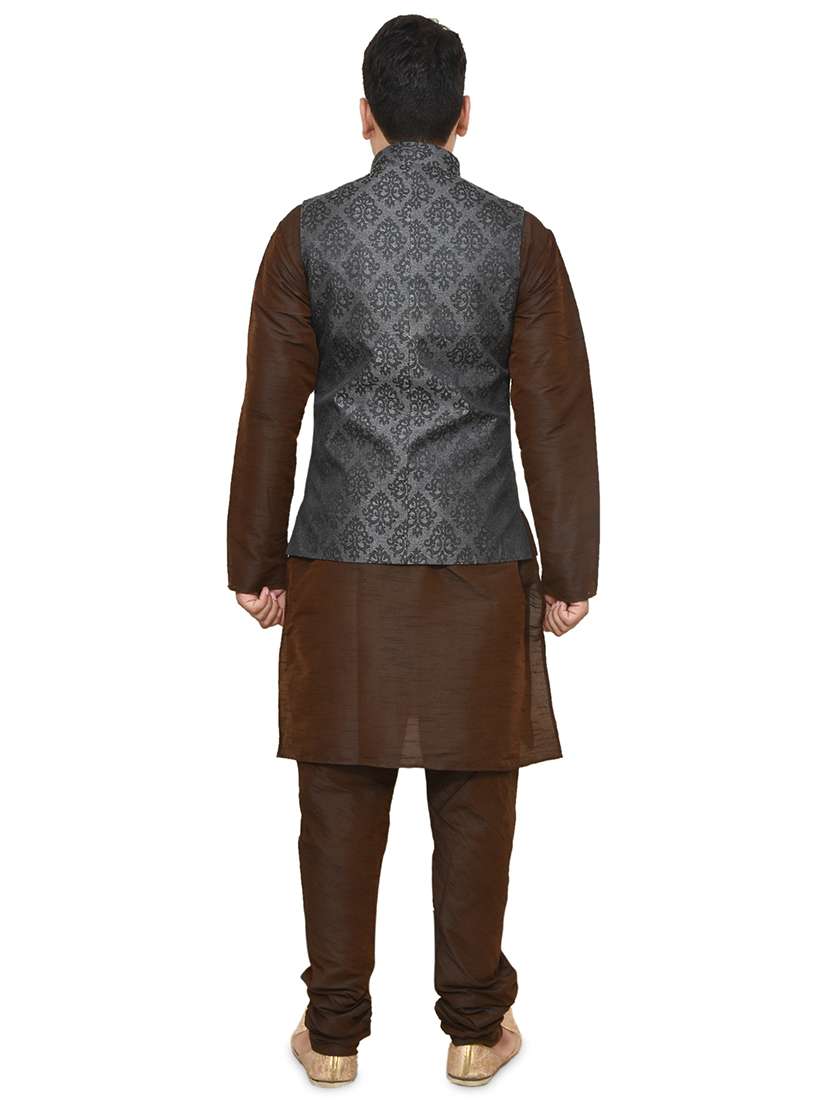 brown silk blend kurta pyjama with jacket ethnic wear set - 19187884 -  Standard Image - 2