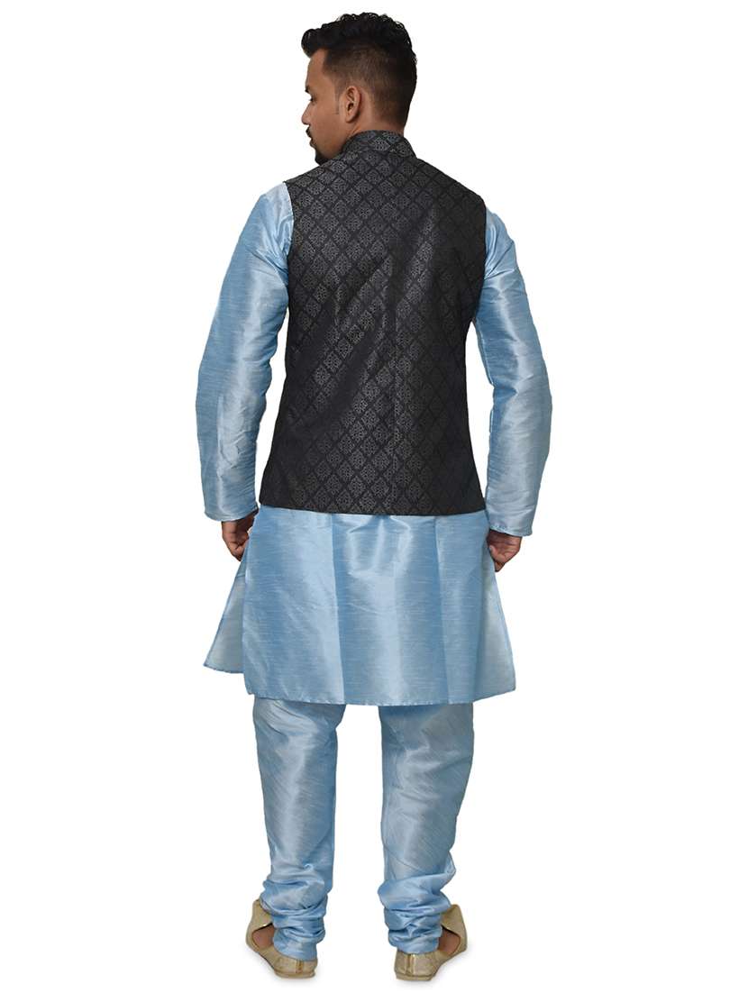 blue silk blend kurta pyjama with jacket ethnic wear set - 19187886 -  Standard Image - 2