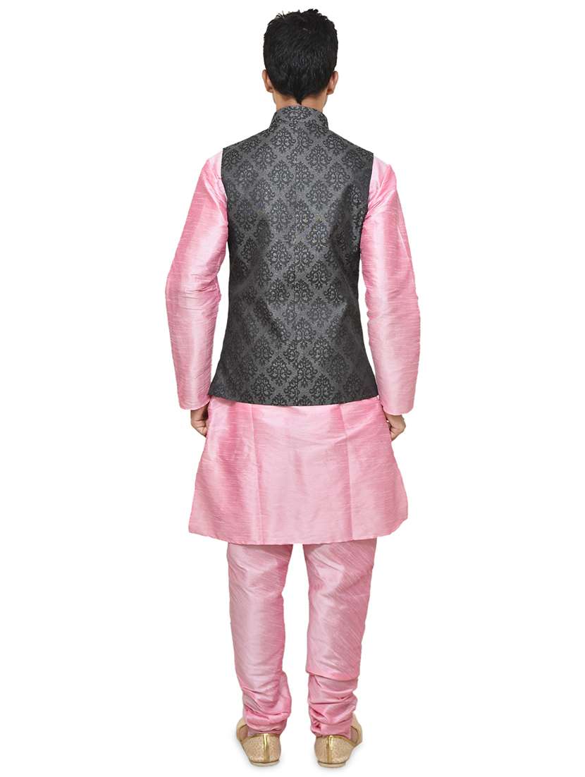pink silk blend kurta pyjama with jacket ethnic wear set - 19187887 -  Standard Image - 2