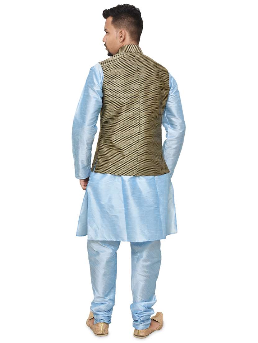blue silk blend kurta pyjama with jacket ethnic wear set - 19187893 -  Standard Image - 2