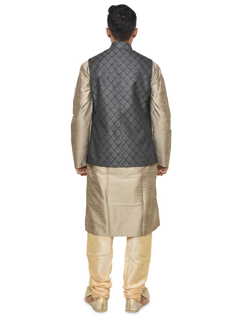 gold silk blend kurta pyjama with jacket ethnic wear set - 19187894 - Standard Image - 2