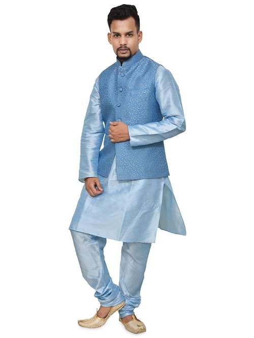 blue silk blend kurta pyjama with jacket ethnic wear set
