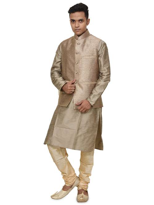 gold silk blend kurta pyjama with jacket ethnic wear set - 19187898 -  Standard Image - 0