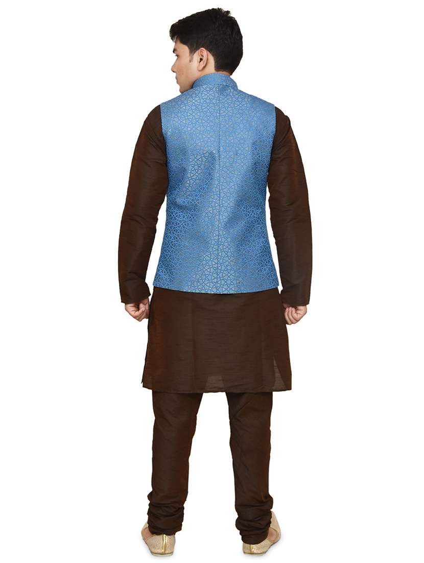 brown silk blend kurta pyjama with jacket ethnic wear set - 19187900 -  Standard Image - 2