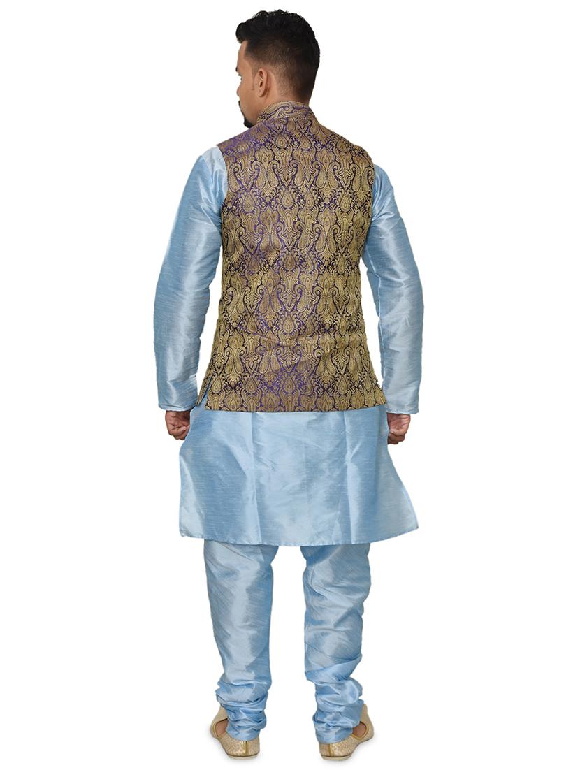 blue silk blend kurta pyjama with jacket ethnic wear set - 19187902 - Standard Image - 2