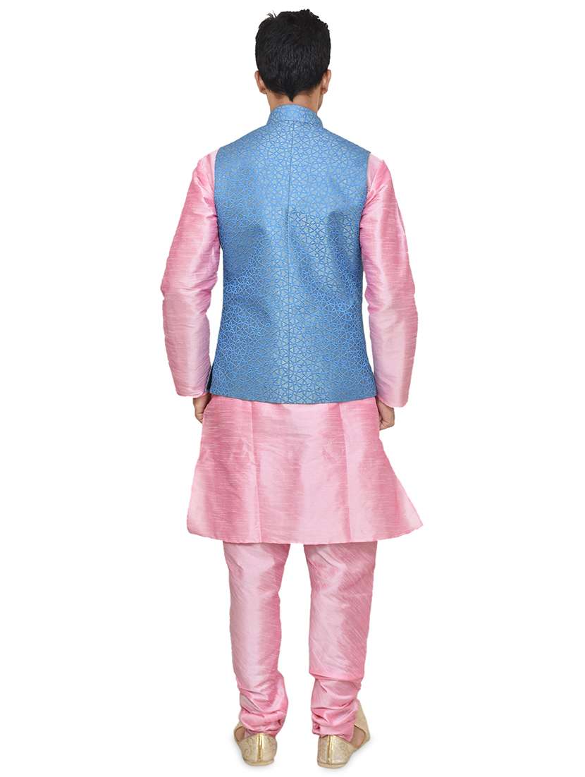 pink silk blend kurta pyjama with jacket ethnic wear set - 19187903 -  Standard Image - 2