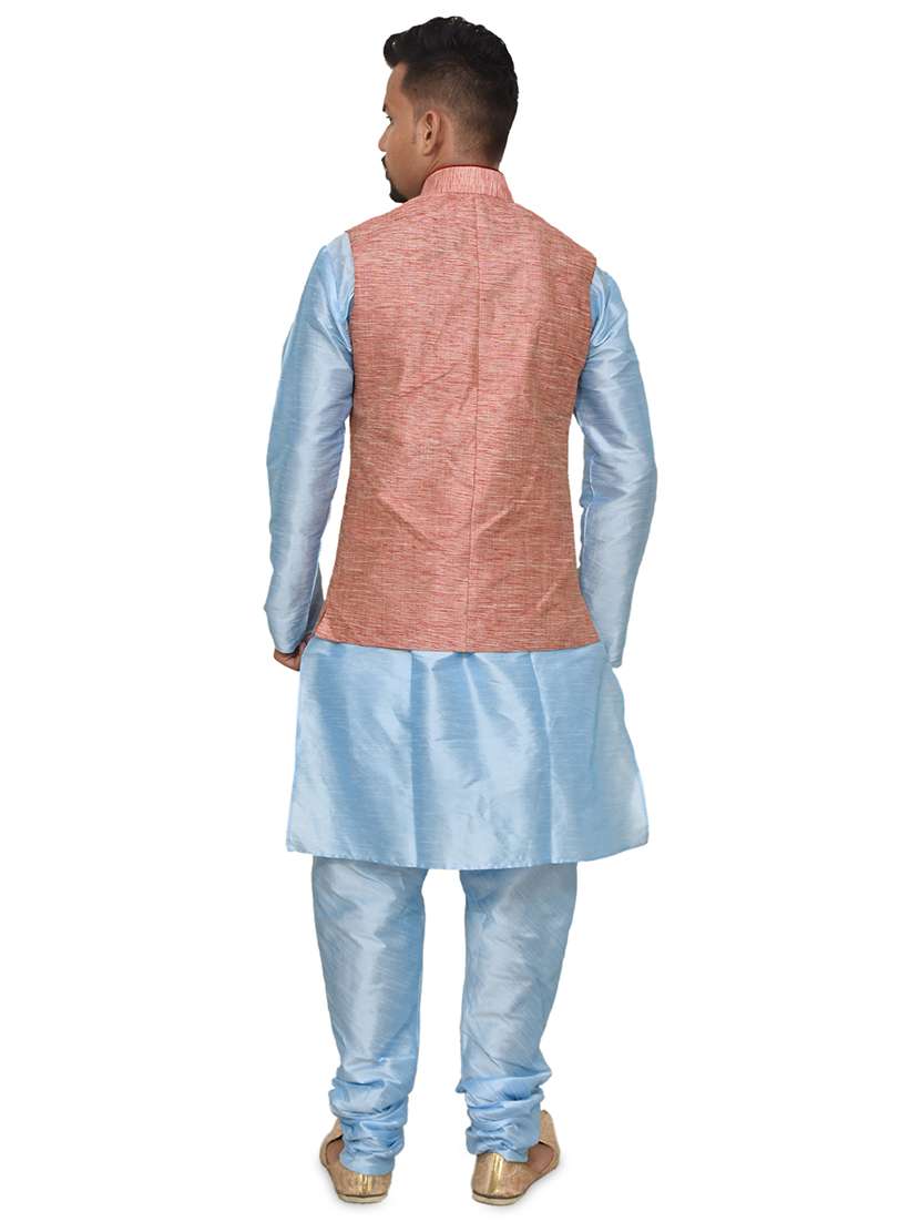 blue silk blend kurta pyjama with jacket ethnic wear set - 19187909 -  Standard Image - 2