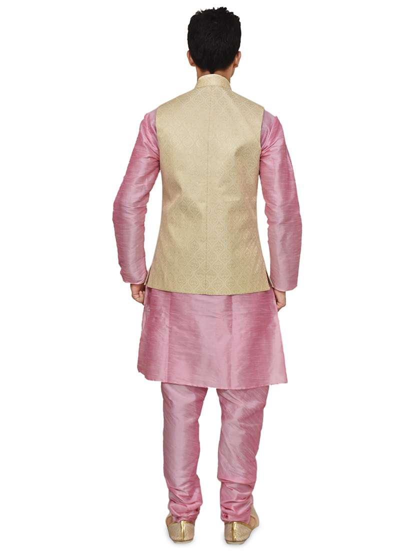 pink silk blend kurta pyjama with jacket ethnic wear set - 19187910 -  Standard Image - 2