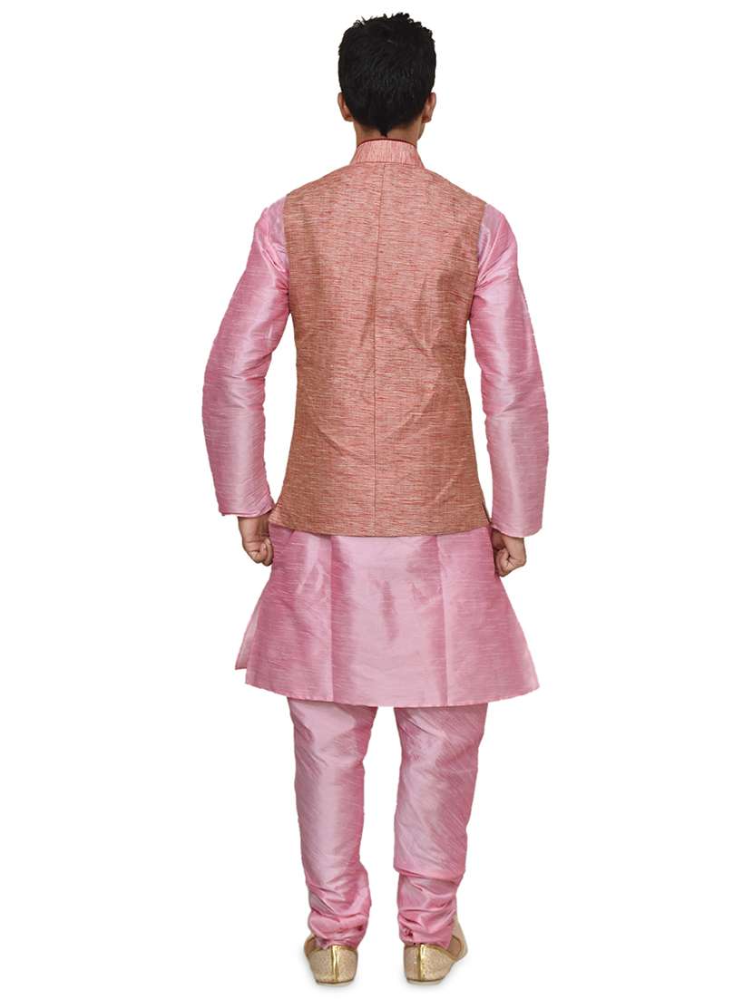 pink silk blend kurta pyjama with jacket ethnic wear set - 19187914 - Standard Image - 2