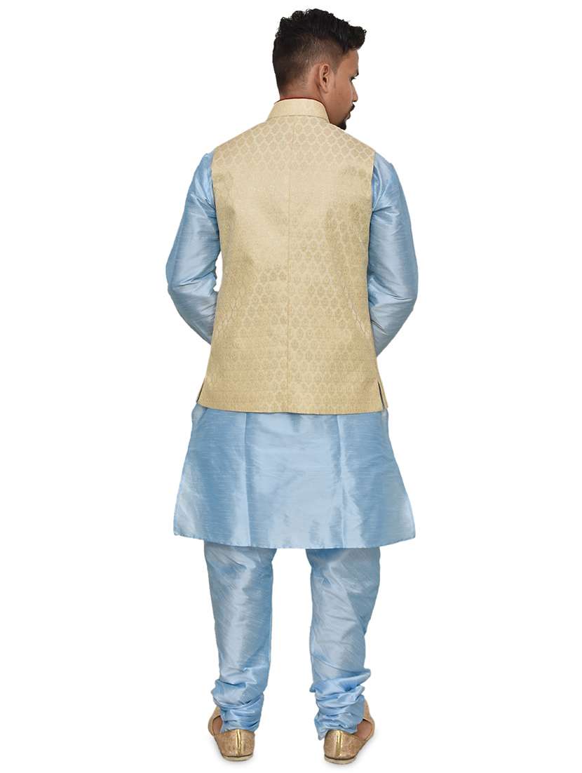 blue silk blend kurta pyjama with jacket ethnic wear set - 19187915 - Standard Image - 2