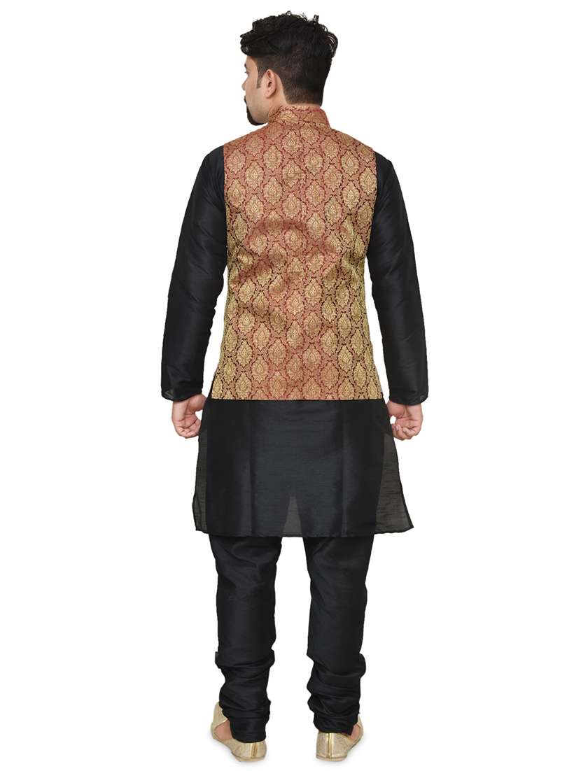 black silk blend kurta pyjama with jacket ethnic wear set - 19187916 - Standard Image - 2
