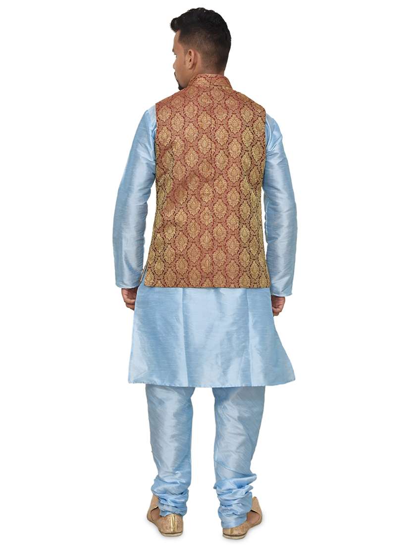 blue silk blend kurta pyjama with jacket ethnic wear set - 19187919 -  Standard Image - 2