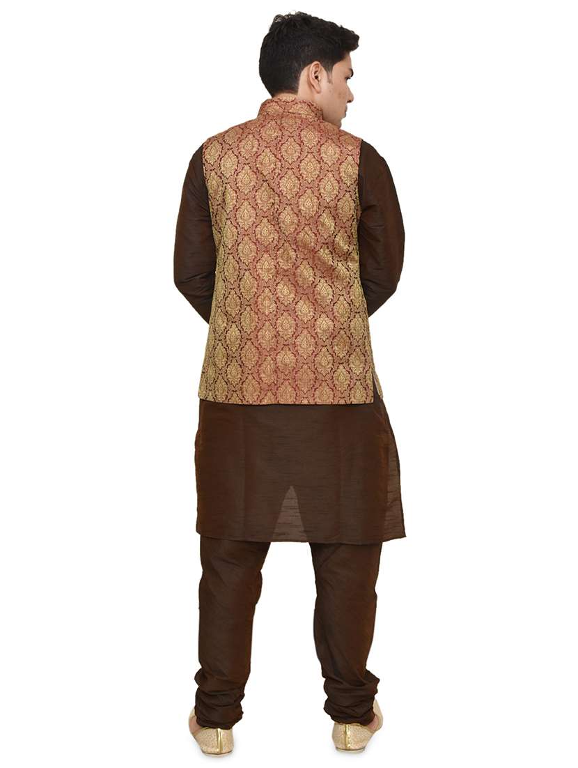 brown silk blend kurta pyjama with jacket ethnic wear set - 19187920 -  Standard Image - 2
