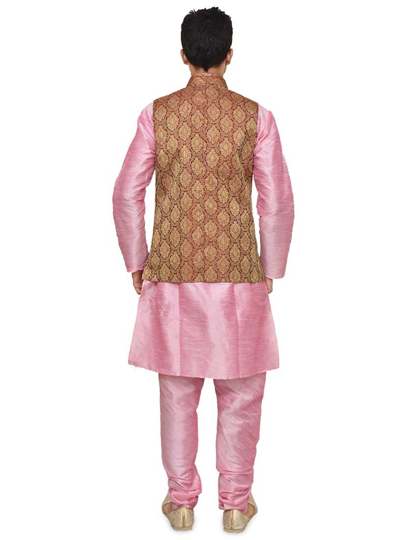 pink silk blend kurta pyjama with jacket ethnic wear set - 19187923 -  Standard Image - 2
