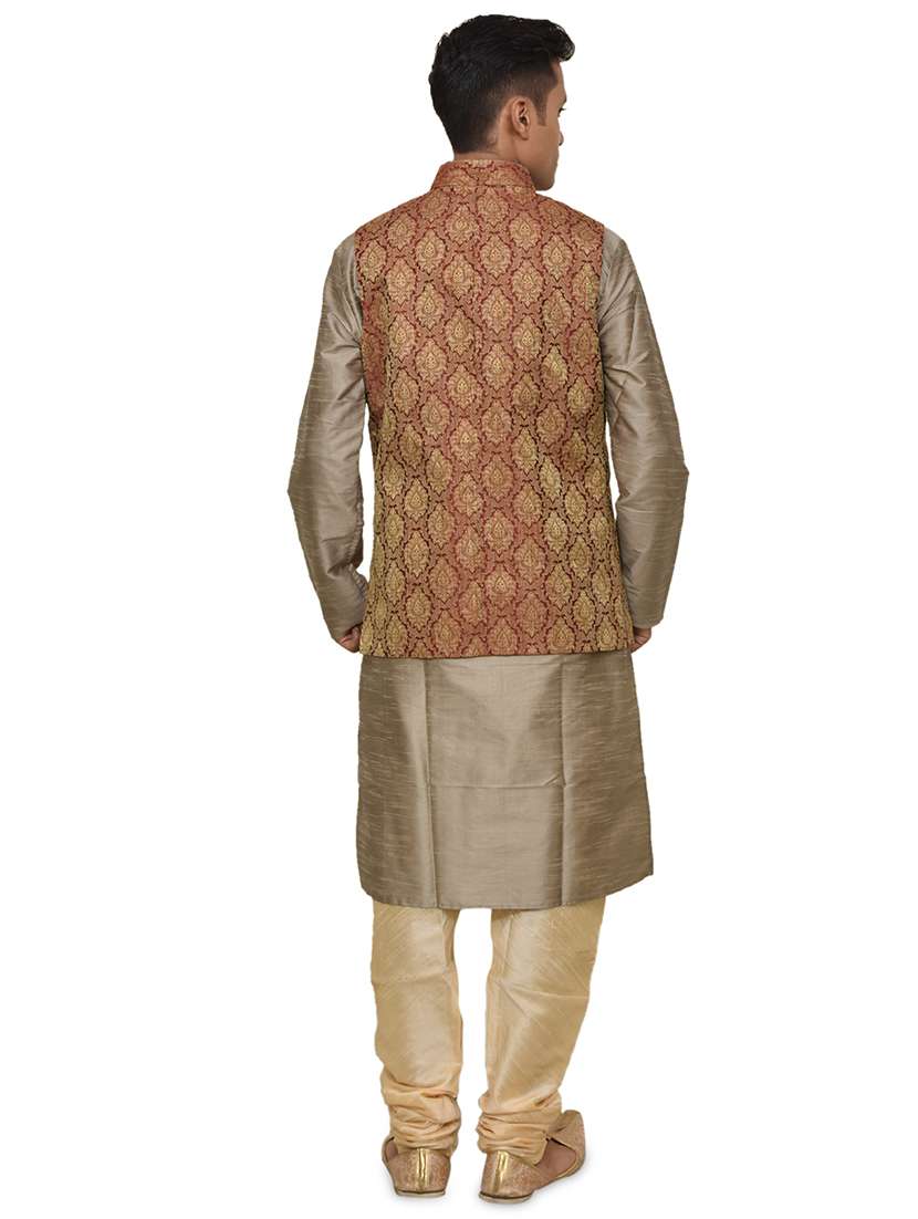 copper gold silk blend kurta pyjama with jacket ethnic wear set - 19187924 - Standard Image - 2