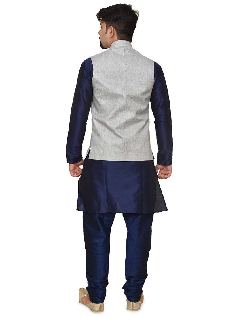navy blue silk blend kurta pyjama with jacket ethnic wear set - 19187925 -  Standard Image - 2