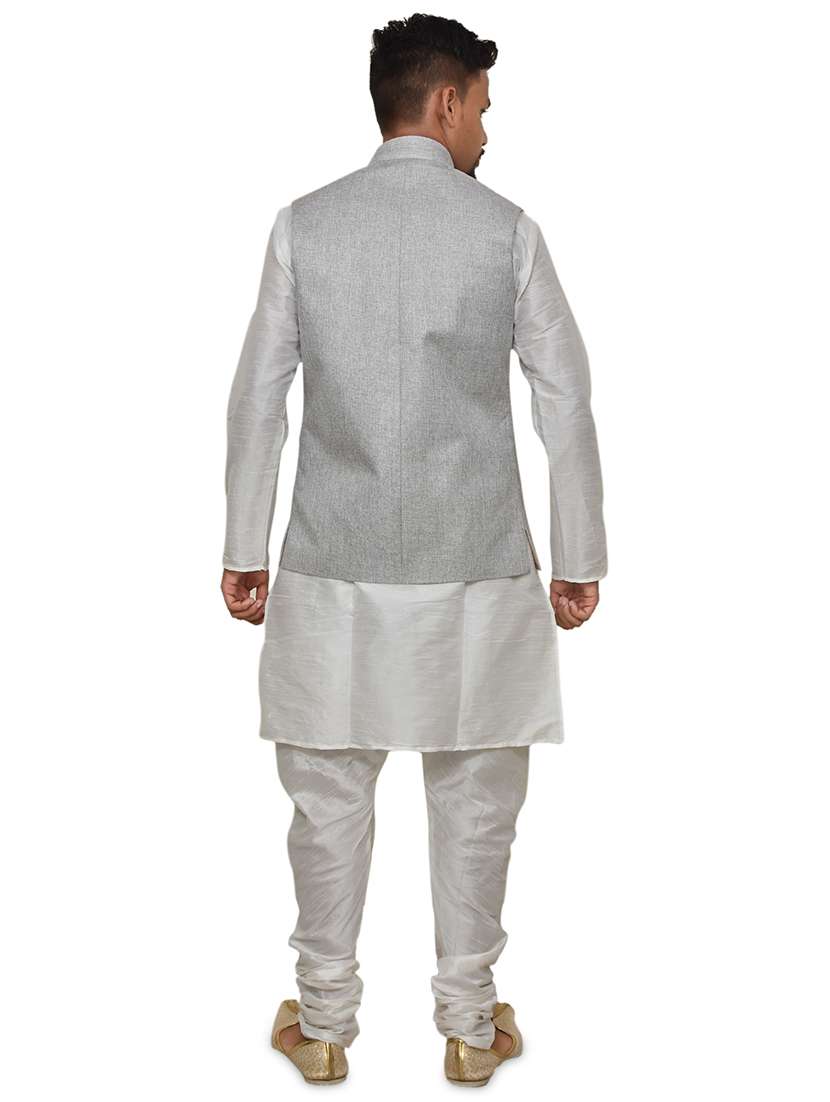white silk blend kurta pyjama with jacket ethnic wear set - 19187927 - Standard Image - 2