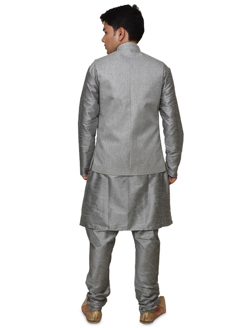 grey silk blend kurta pyjama with jacket ethnic wear set - 19187929 - Standard Image - 2