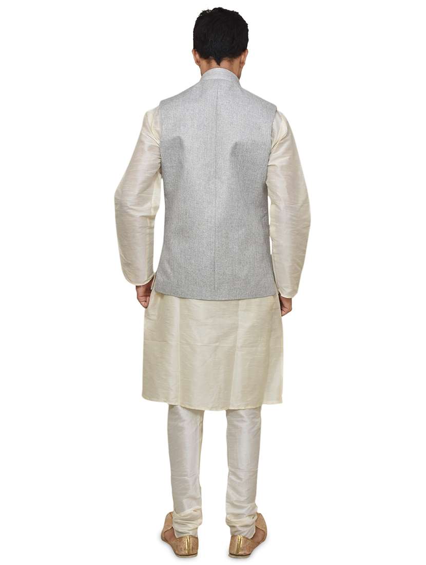 cream silk blend kurta pyjama with jacket ethnic wear set - 19187931 - Standard Image - 2