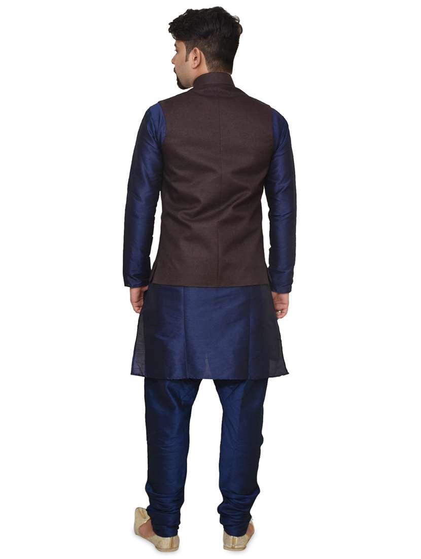 navy blue silk blend kurta pyjama with jacket ethnic wear set - 19187933 -  Standard Image - 2