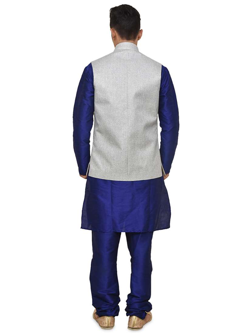 blue silk blend kurta pyjama with jacket ethnic wear set - 19187934 - Standard Image - 2