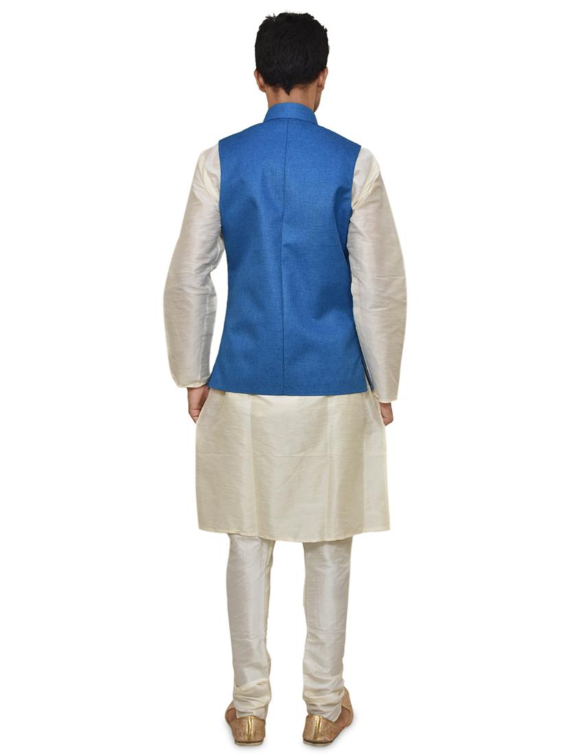 cream silk blend kurta pyjama with jacket ethnic wear set - 19187936 - Standard Image - 2