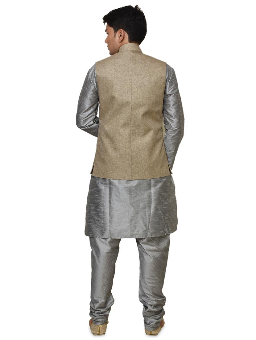 silver silk blend kurta pyjama with jacket ethnic wear set - 19187937 - Standard Image - 2