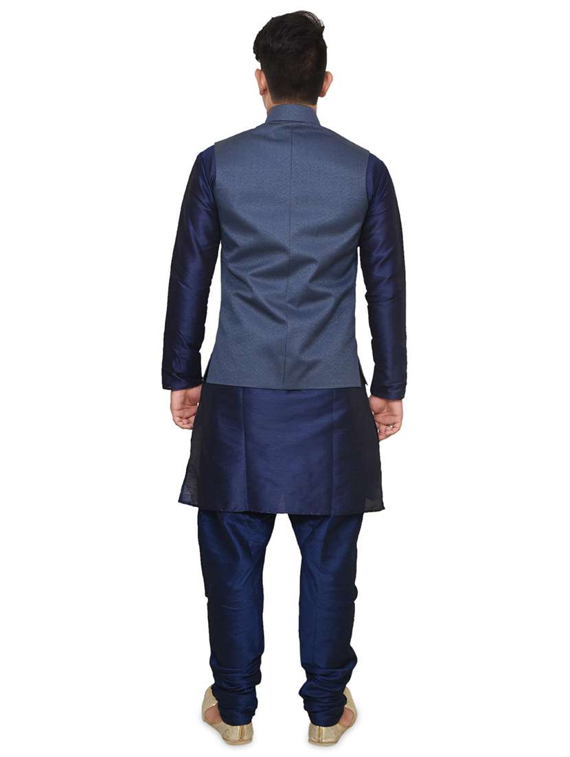 navy blue silk blend kurta pyjama with jacket ethnic wear set - 19187938 -  Standard Image - 2