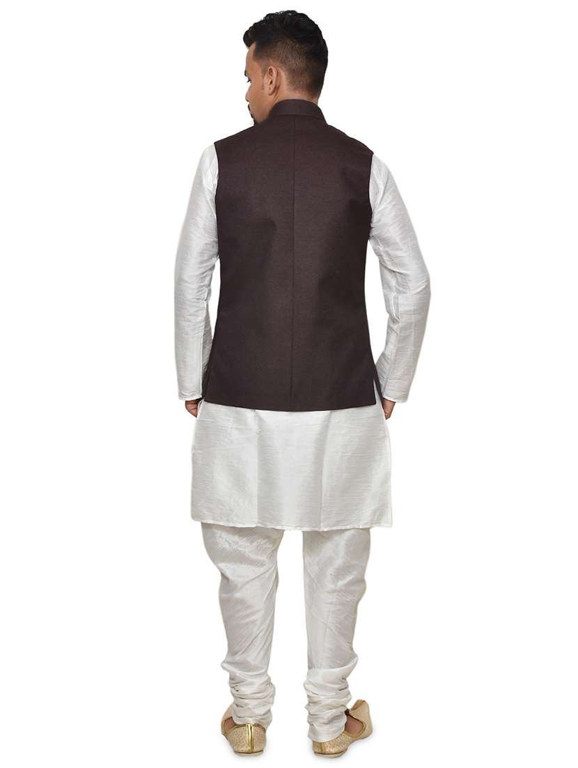 white silk blend kurta pyjama with jacket ethnic wear set - 19187939 -  Standard Image - 2