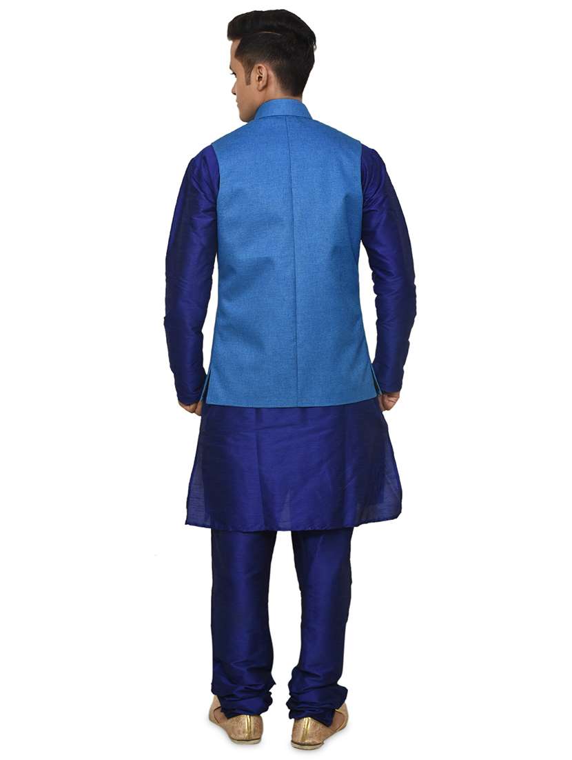 royal blue silk blend kurta pyjama with jacket ethnic wear set - 19187940 -  Standard Image - 2