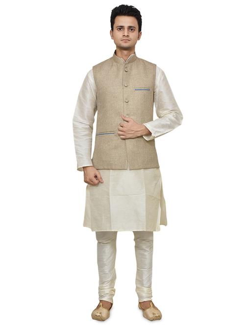 cream silk blend kurta pyjama with jacket ethnic wear set - 19187941 - Standard Image - 0