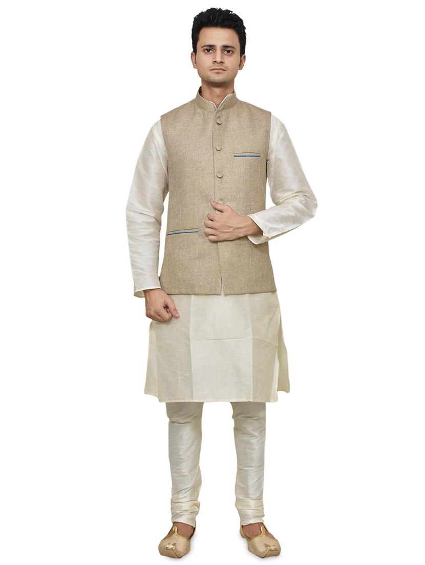 cream silk blend kurta pyjama with jacket ethnic wear set