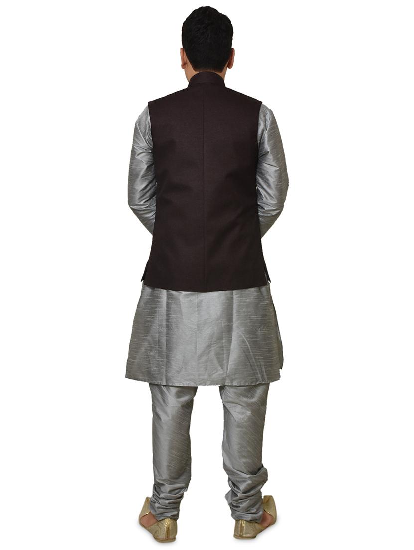 silver silk blend kurta pyjama with jacket ethnic wear set - 19187942 - Standard Image - 2