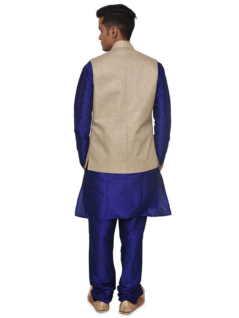 royal blue silk blend kurta pyjama with jacket ethnic wear set - 19187945 - Standard Image - 2