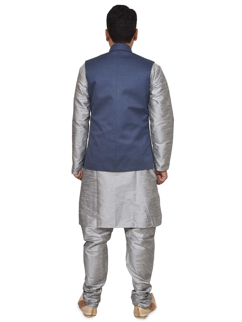silver silk blend kurta pyjama with jacket ethnic wear set - 19187947 - Standard Image - 2